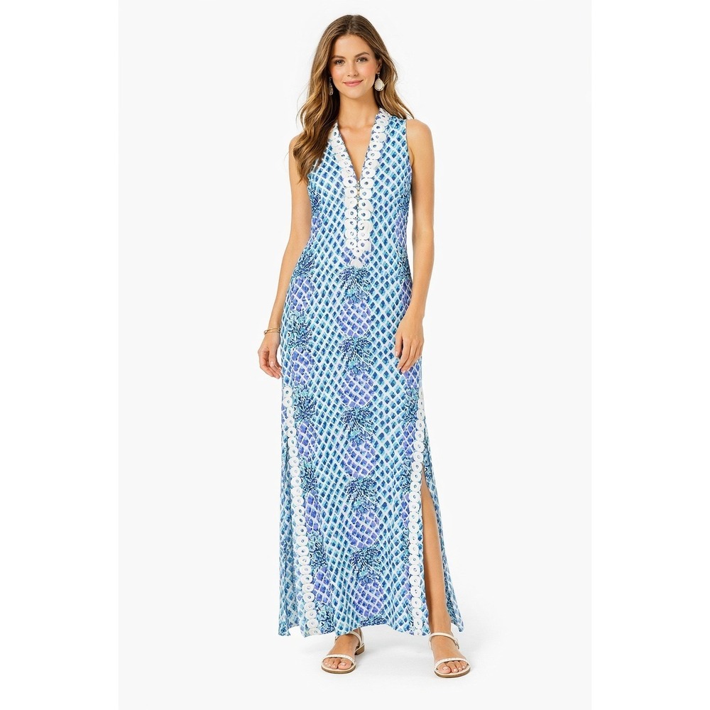 Lilly Pulitzer Jane Maxi Dress Size 2 Blue White Resort Vacation Tassel Trim NWT